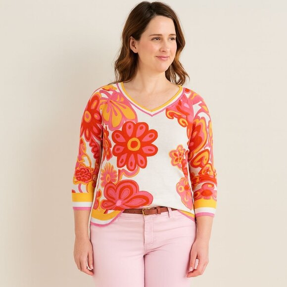 Talbots Women V-Neck Pullover Groovy Floral Pink Yellow 3/4 Sleeve Cotton Size M - Picture 1 of 12